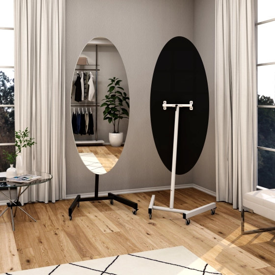 Mobilus, ovalus - pakreipiamas veidrodis su ratukais klijuotas ant plokštės